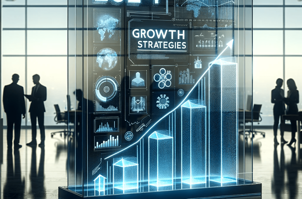 Transparent digital display with 3D graphs and '2024 Growth Strategies' in a modern office setting with professionals in the background
