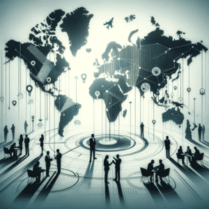 Silhouetted People Engaging in Global Commerce in Front of a Digital World Map