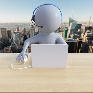Live chat support - A Step-by-Step Guide to Outsourcing Live Chat Services - Illustration of avatar with a headset on his laptop providing live chat services.