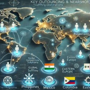 Global staffing trends map showing top outsourcing and nearshore destinations including Mexico, India, the Philippines, and Eastern Europe.