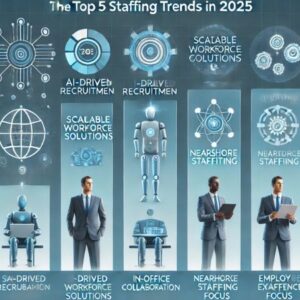 Comparison chart showing 2025 staffing trends, highlighting AI-driven recruitment, in-office collaboration, and scalable nearshore staffing solutions.