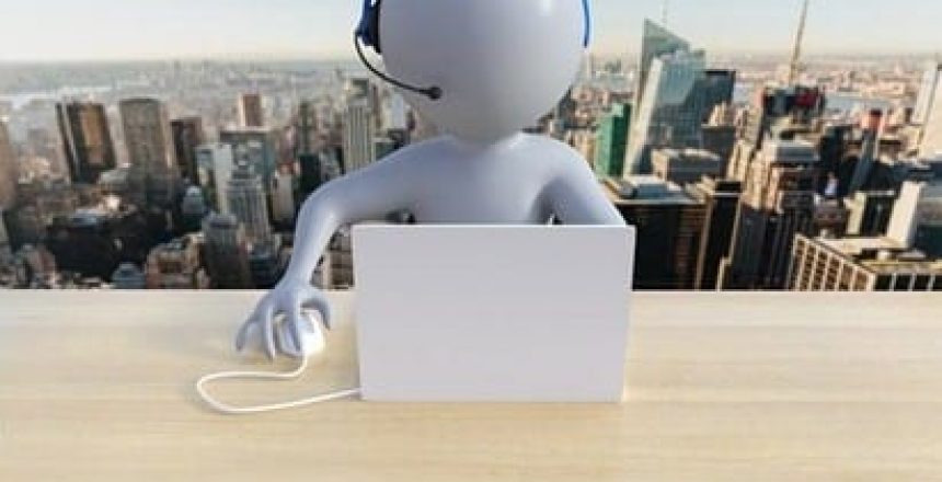 Live chat support - A Step-by-Step Guide to Outsourcing Live Chat Services - Illustration of avatar with a headset on his laptop providing live chat services.