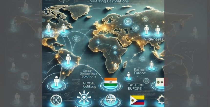 Global staffing trends map showing top outsourcing and nearshore destinations including Mexico, India, the Philippines, and Eastern Europe.